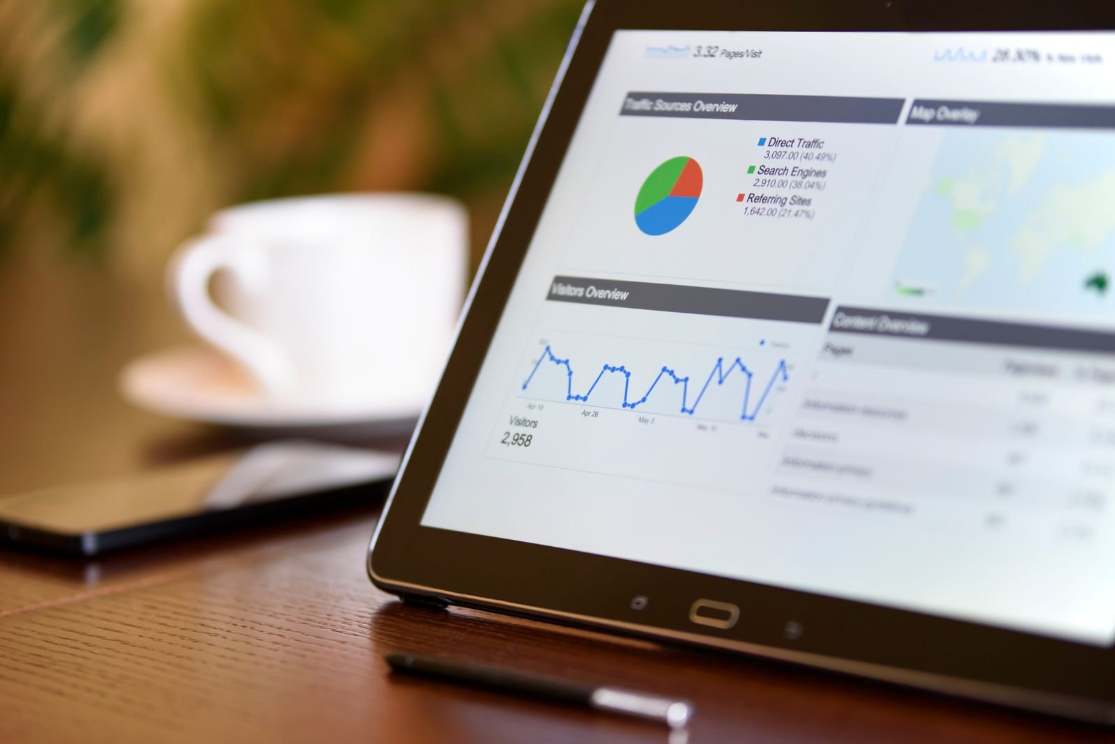 Tablet showing analytics charts on a desk during ASO keyword research