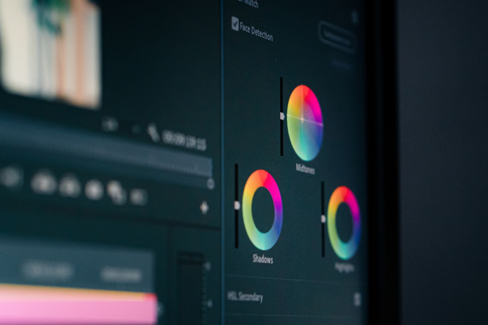 Color grading wheels in DaVinci Resolve on a Mac display