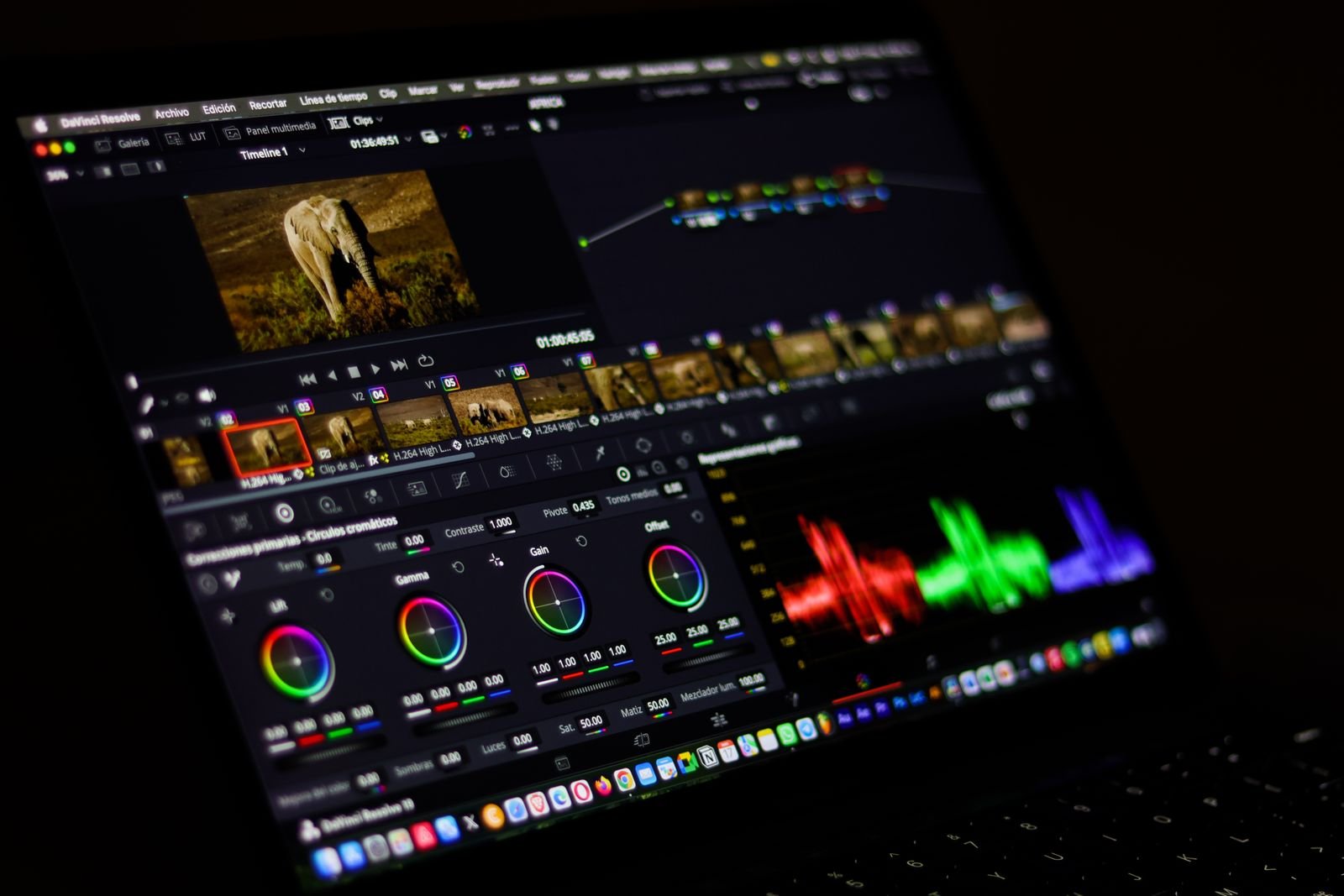 Video waveform monitors on screen during color grading in DaVinci Resolve