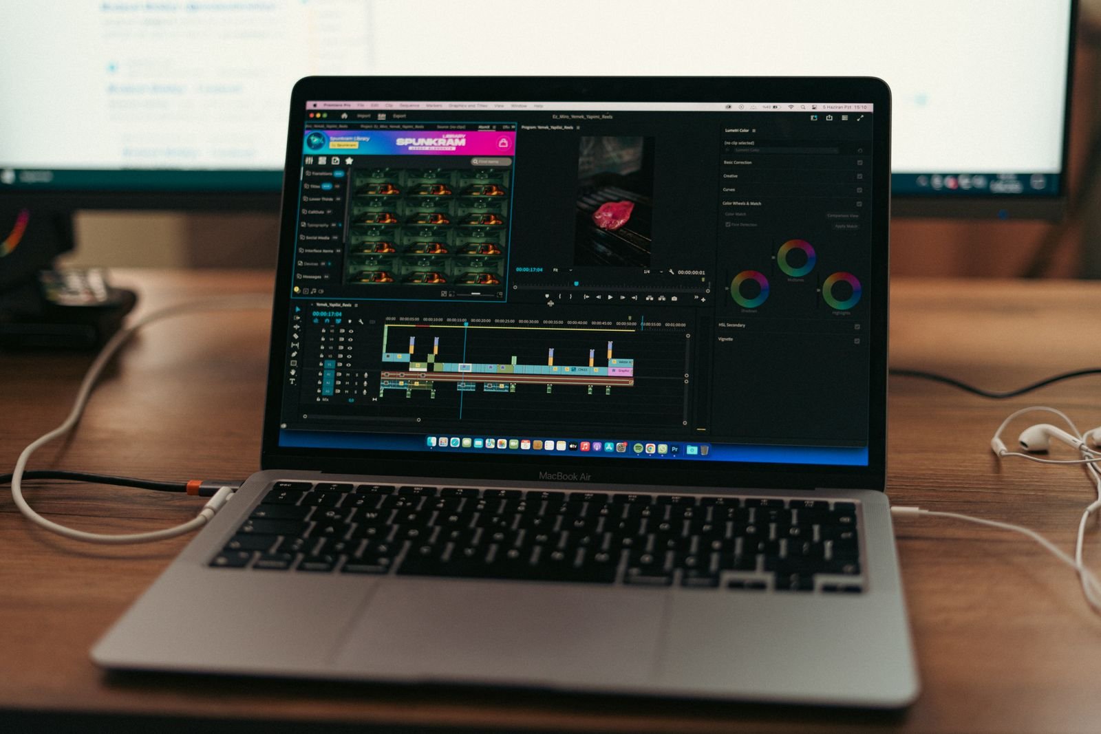 MacBook on a desk running video editing software with a timeline open