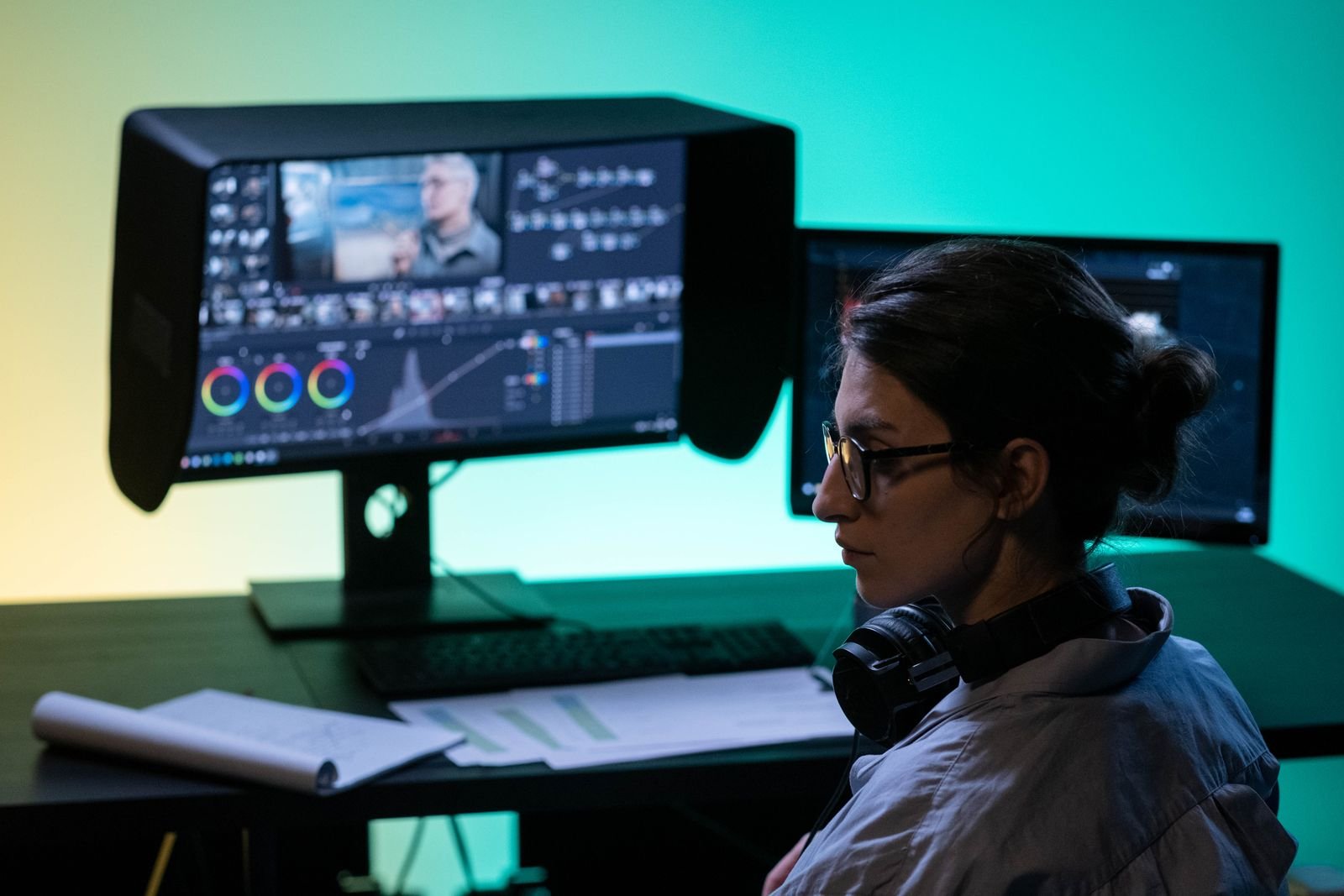 Video editor working in Premiere Pro on a colorful dual screen Mac setup