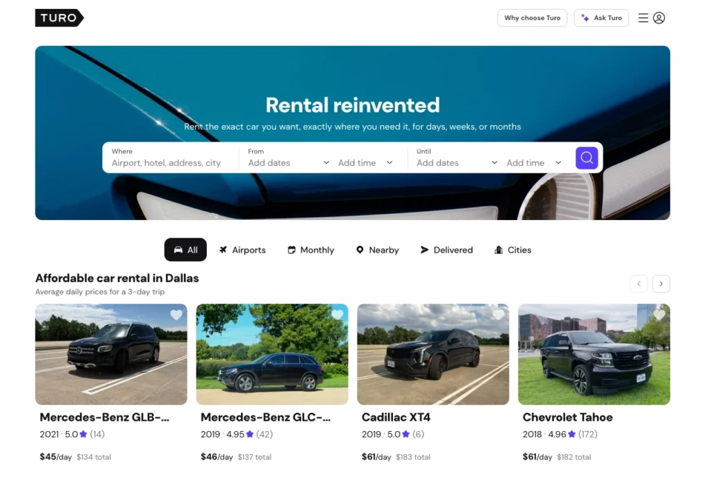 Turo homepage showing the search bar and peer to peer car listings in Dallas