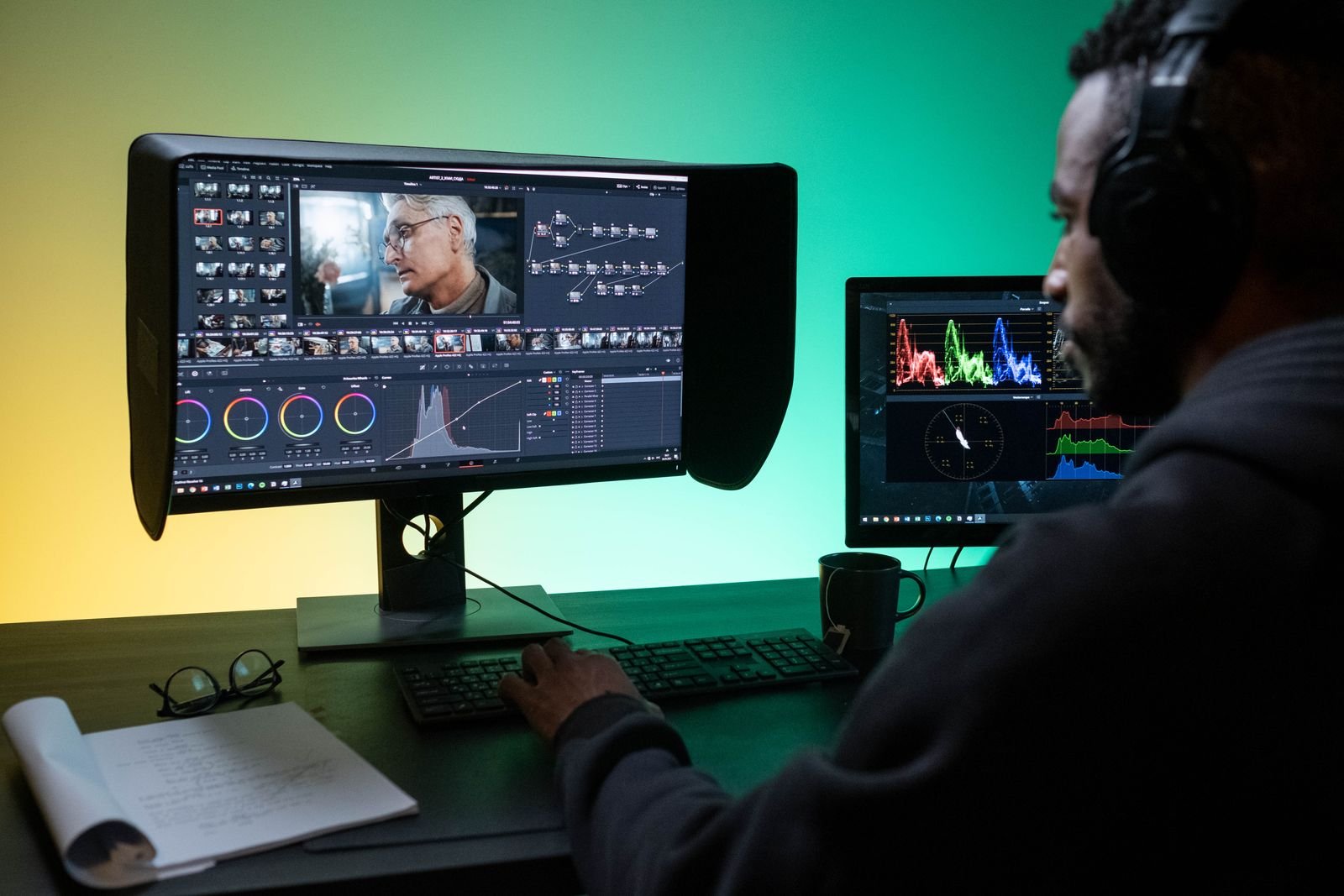 Video editing studio with dual monitors running DaVinci Resolve